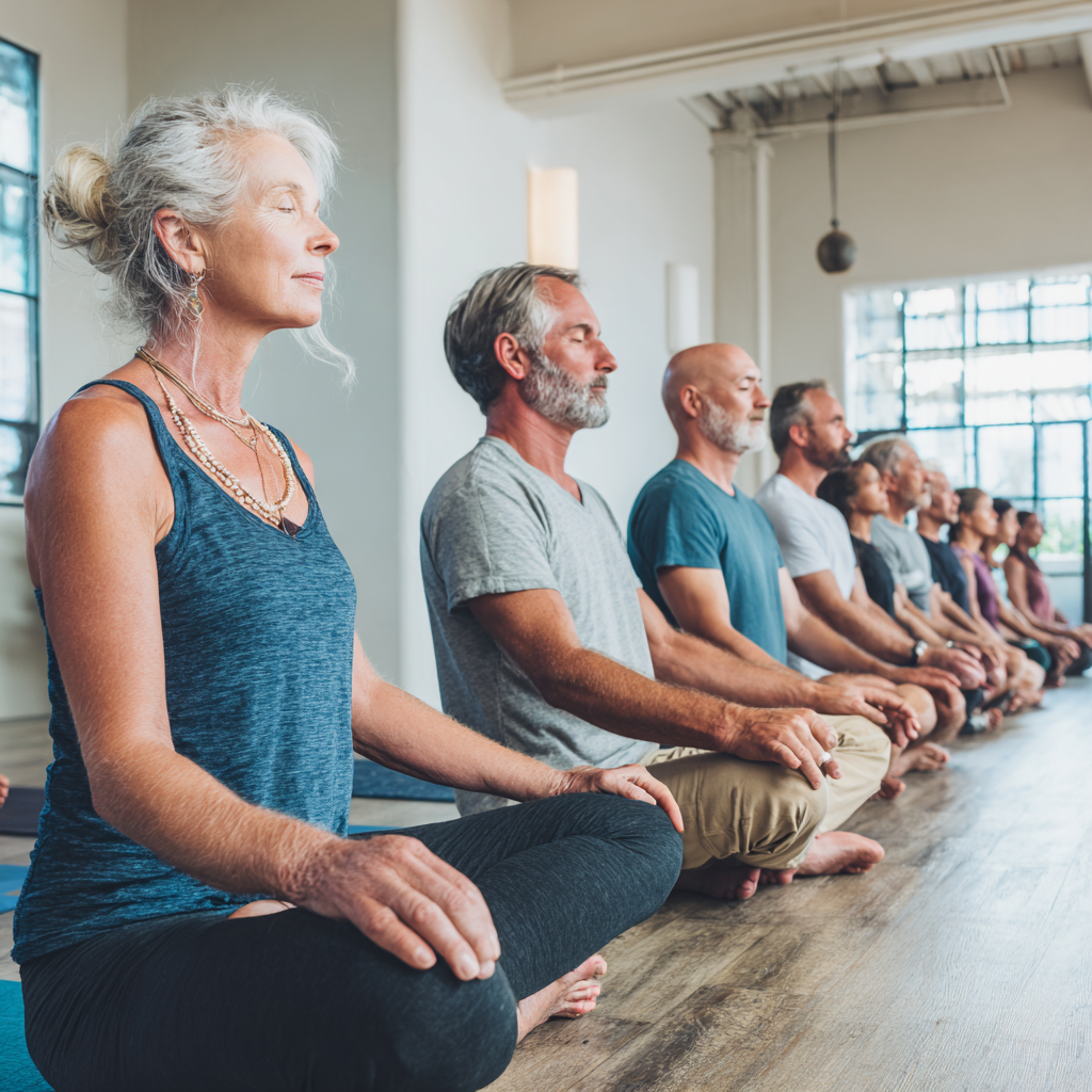 Certified yoga instructors teaching diverse group of mature adults in serene studio environment